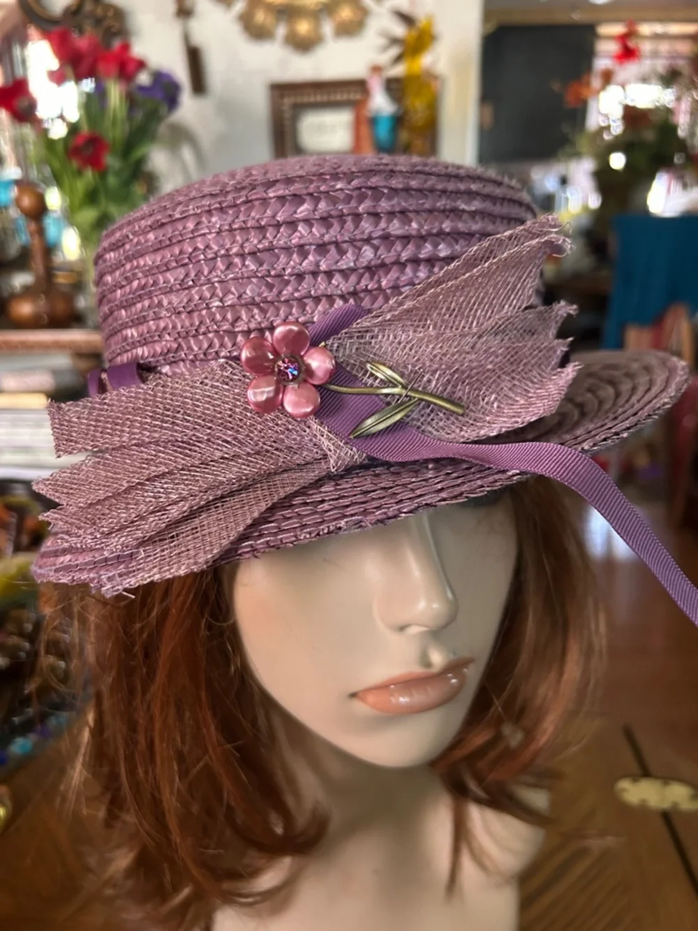 Vintage Purple Straw Hat - Picture 2 of 7